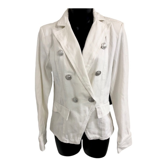 White stretch denim double breasted military style jean‎ jacket size medium new - Picture 14 of 16